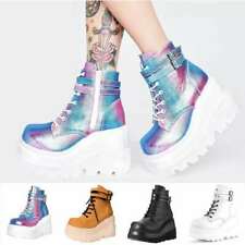 Women's Ankle Boots Platform Shoes Wedge Heel Shiny Buckle Strap Biker Bootie