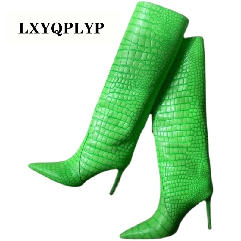 Women's Autumn Boots New Pointed Ultra-high Heel Boots Fluorescent Green Stone 34-43 High Tube Boot Woman Shoes High Heels Sexy