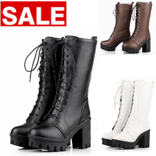 Womens Combat Mid Calf Boots For Winter Shoes With High Heels PU Size 5.5-10.5
