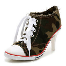 Womens Denim Canvas High Heel Stilettos Lace Up Shoes Comfort Printed Shoes US9