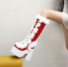 Womens Fashion Rabbit Fur Lace Up Platform Chunky Heels Knee High Boots Shoes Sz