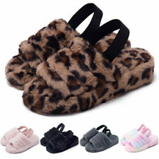 Women's Faux Fur Lined Sandals Slippers Flat Platform Shoes Sliders With Strap