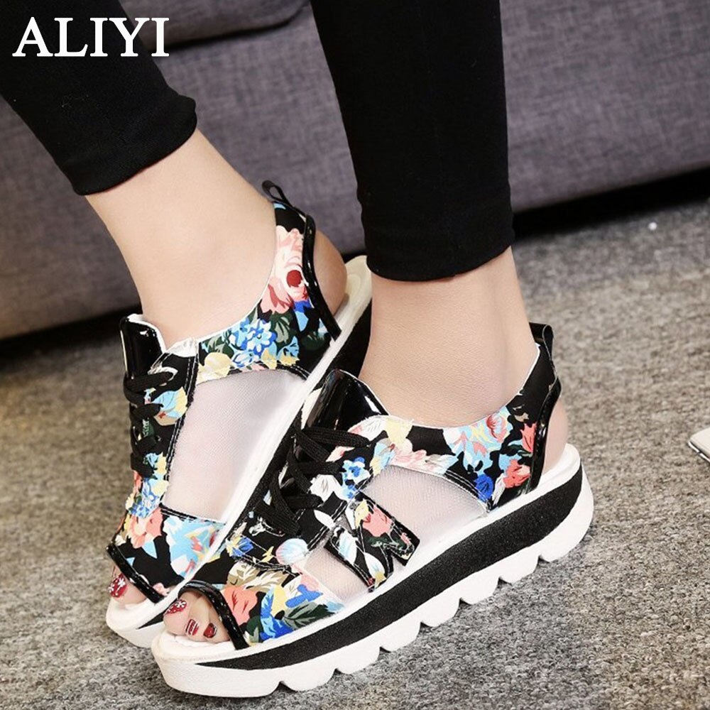 Women's Floral Sandals 2021 Summer New Peep Toe Soft Sole Ladies Lace Up Casual Shoes 42 Large-Sized Female Athletic Sandals