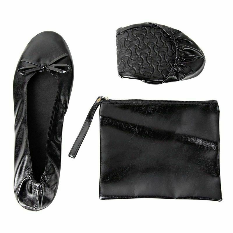 Women's Foldable Ballet Flats Roll up Shoes with Pouch, Black, L, US 8.5 - 9.5