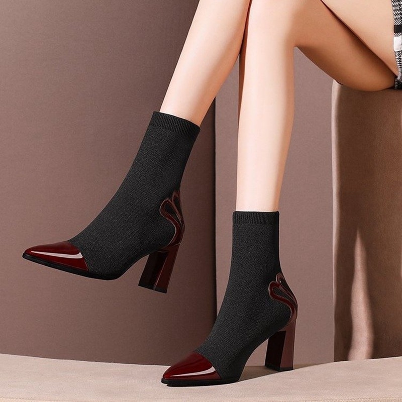 Women's Knitted Chelsea Boots 2021 Winter Women Outdoor Thick Heel Pumps Ladies Elegant Shoes Female Casual Footwear Ankle Boots