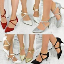 Womens Ladies Low Kitten Heel Party Prom Strappy Court Shoes Bridal Sandals Size