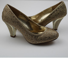 Women's Low Heel Rhinestone Gold Knit Round Toe Low Heel Pump Shoe Dressy