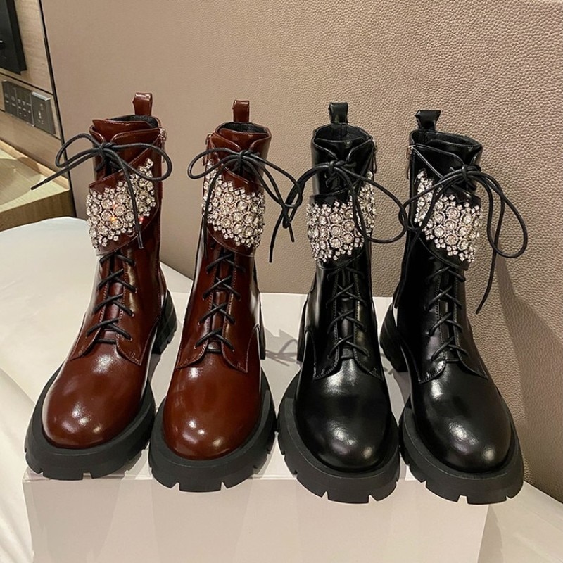 Women's Martin boots Chunky Loafers Women Genuine Cow Leather Platform Shoes Rhinestone lace up Ladies Flats Handmade high boots