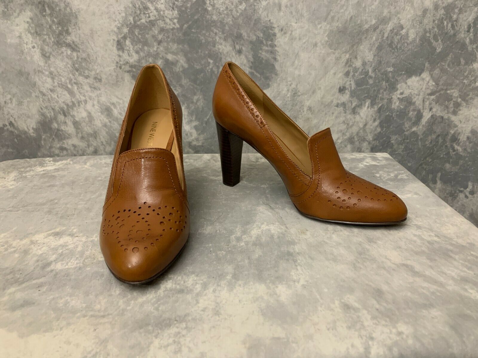 Womens Nine West Chawlstn Cognac Leather Slip On Dress Pump Shoes Heels Sz 9.5 M
