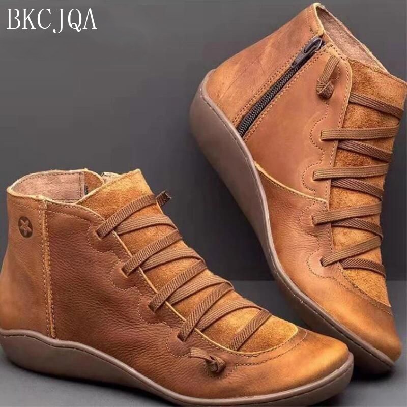 Women's PU Leather Ankle Boots Women Autumn Winter Cross Shoes Strappy Vintage Women Shoes Flat Ladies Sneaker Woman Botas Mujer
