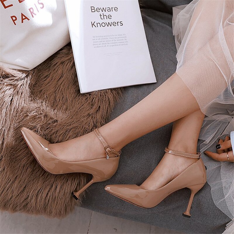Women's shoes new pointed nude color patent leather straps everyday versatile simple and comfortable Korean high heels
