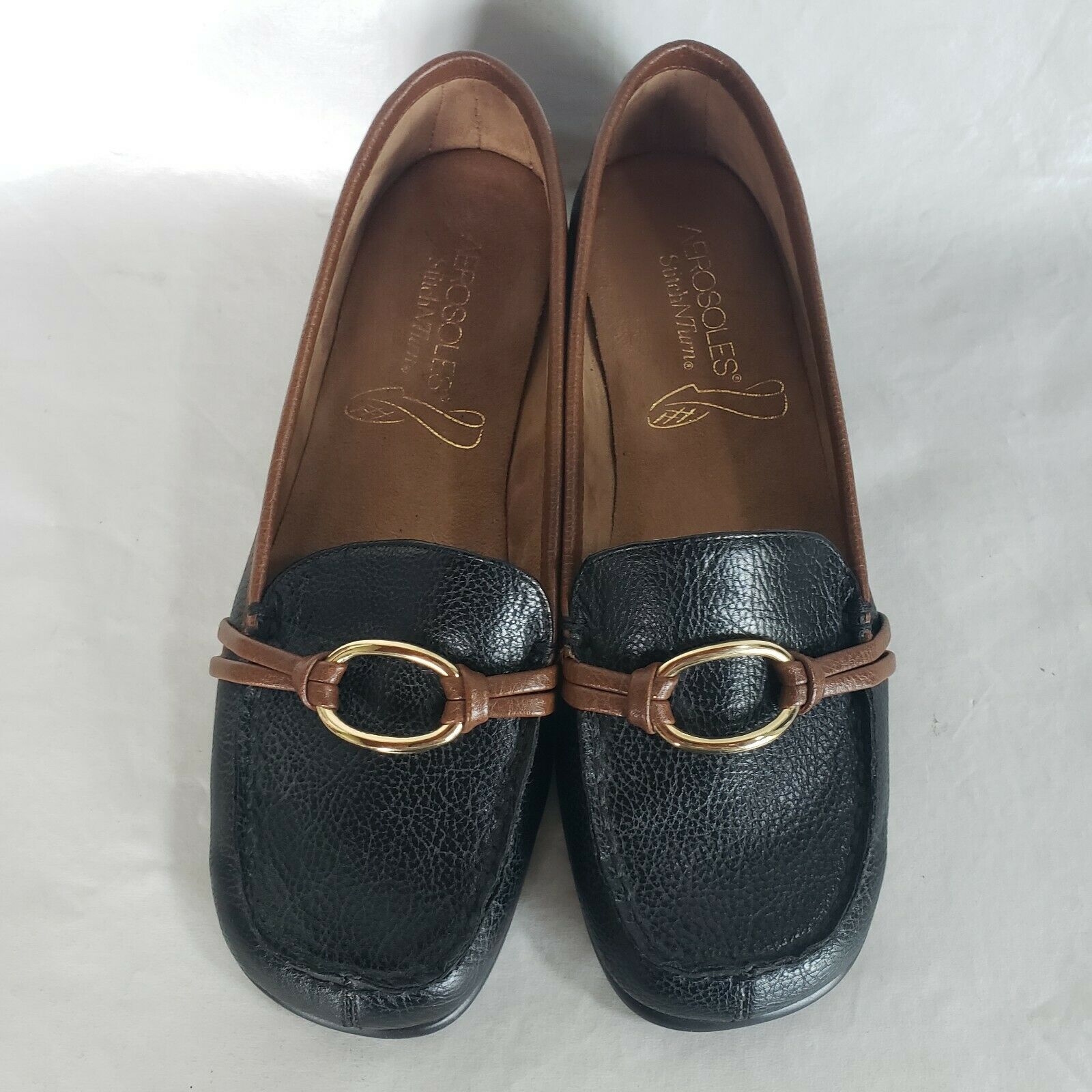 Women's Size 6 AEROSOLES Black DUBIOUS Slip on Loafers Shoes Gold Detail