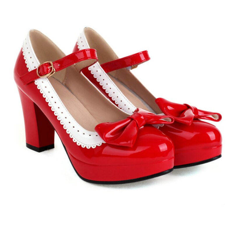 Women's Spring and Autumn Single Shoes Leisure Red Pink High Heels New Sweet Bow Lace Women Shoes Plus Size Women Shoes 4445 46