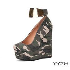 Womens Wedge High Heels Camouflage Round Toe Pumps Ankle Strap Sexy Party Shoes