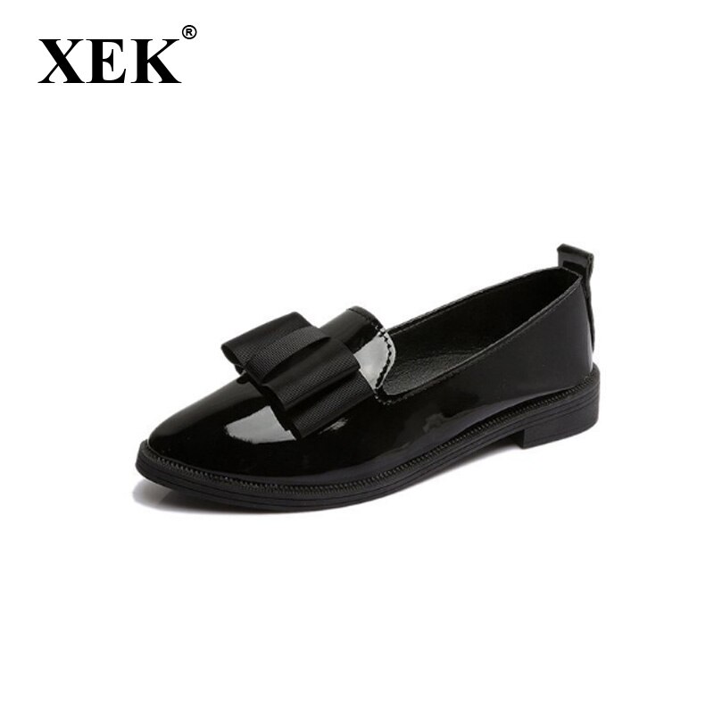 XEK Spring Pointed Toe Women's Shoes Ribbon Leather Women Loafers With Flat 35-40 GSS118