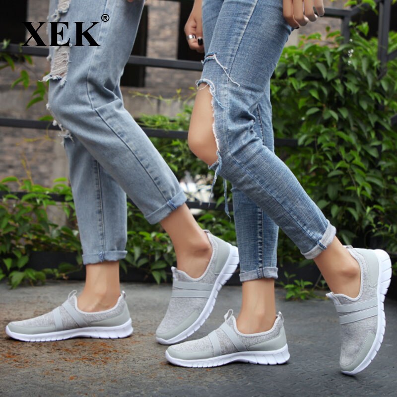 XEK Women Sneakers tenis casual feminino casual shoes Women Flats Slip on Splice ladies shoes Blue Gray Plus Size ZLL142