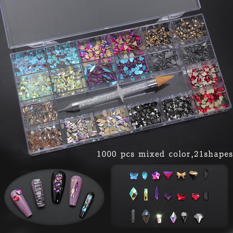 XiChuan Fancy 21Grids/Box Nail Art Rhinestones With A Drill Pen Glass Crystal For DIY Nail Accessories Glue Diamond Decoration