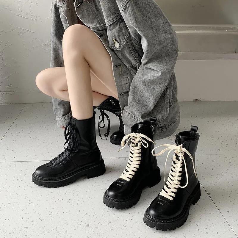 Y2k Women Platform Martin Boots British Style 2 Colors Shoelace Black Zipper E Girl Punk Streetwear Winter Plush Fashion Shoes