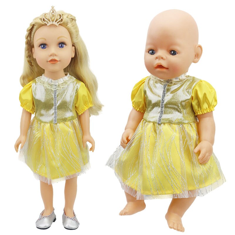Yellow Lace Dress Wear For 18Inch American Doll & 43cm New Born Baby Doll Clothes Accessories