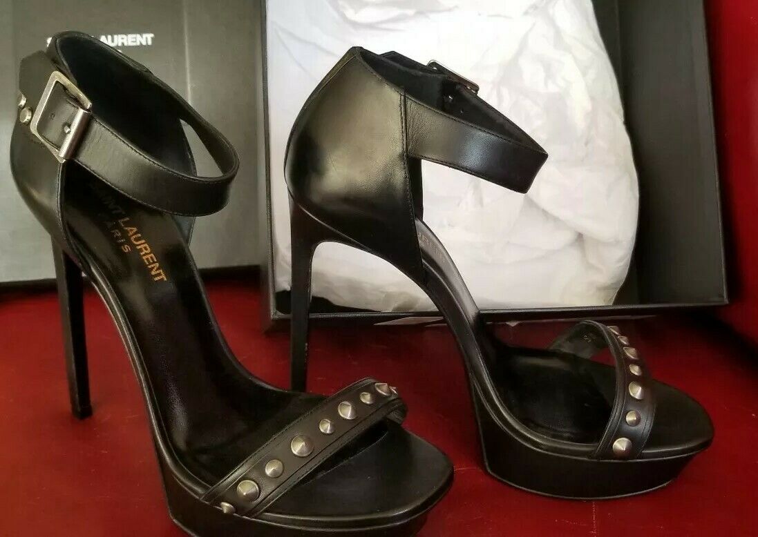 YSL Women’s Shoe High Heel JANE Studded Black Leather Ankle Strap Sandals Size 9