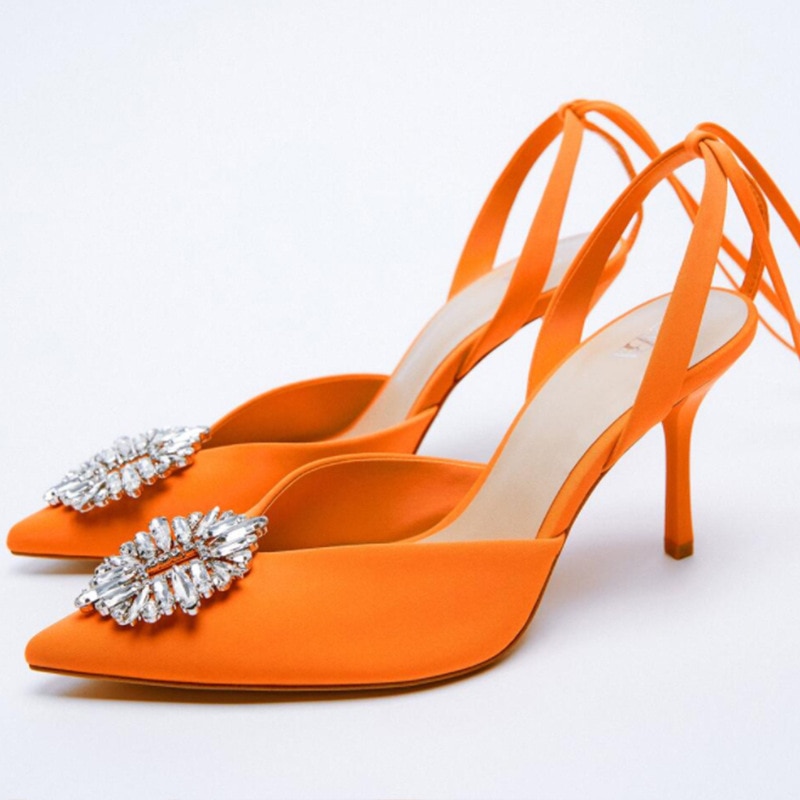 ZA autumn new women's shoes orange lace-up slingback high-heel pointed toe Muller shoes stiletto single shoes