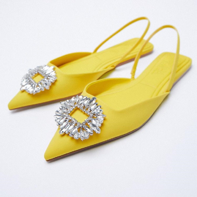 ZA Women's Shoes 2021 Summer New Yellow Rhinestone Buckle Slingbacks Shoes Pointed Toe Flat Elegant Wedding Shoes