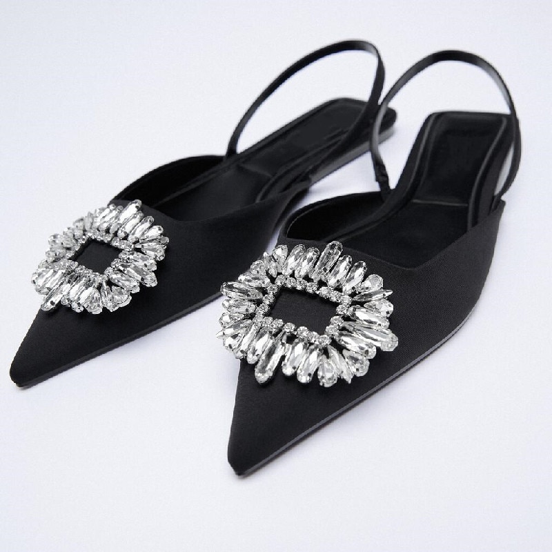 ZA Women's Wedding Shoes 2021 Summer New Black Rhinestone Buckle Slingbacks Shoes Pointed Toe Flat Female Half Sandals
