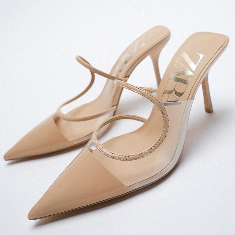 ZAR DTM Spring new women's shoes apricot elegant plastic high-heel stitching pointed stiletto sandals
