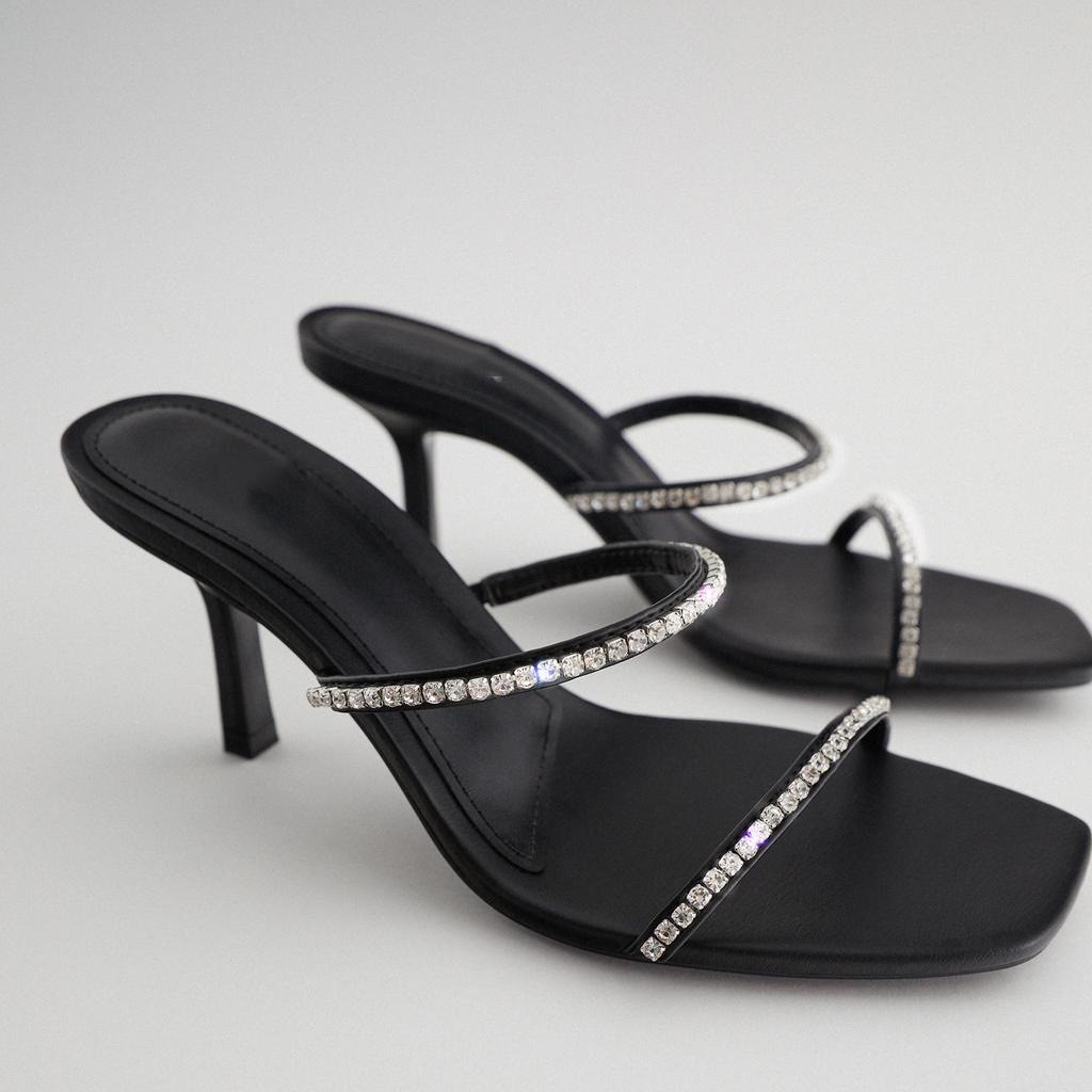 ZAR DTM2020 new women's shoes black square toe bright ornaments drawstring high heel sandals female stiletto