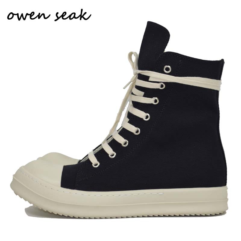 Owen Seak Men Casual Canvas Shoes Luxury Trainers Ankle Lace Up Women Sneaker Zip High-TOP Hip Hop Streetwear Flats Black Boots
