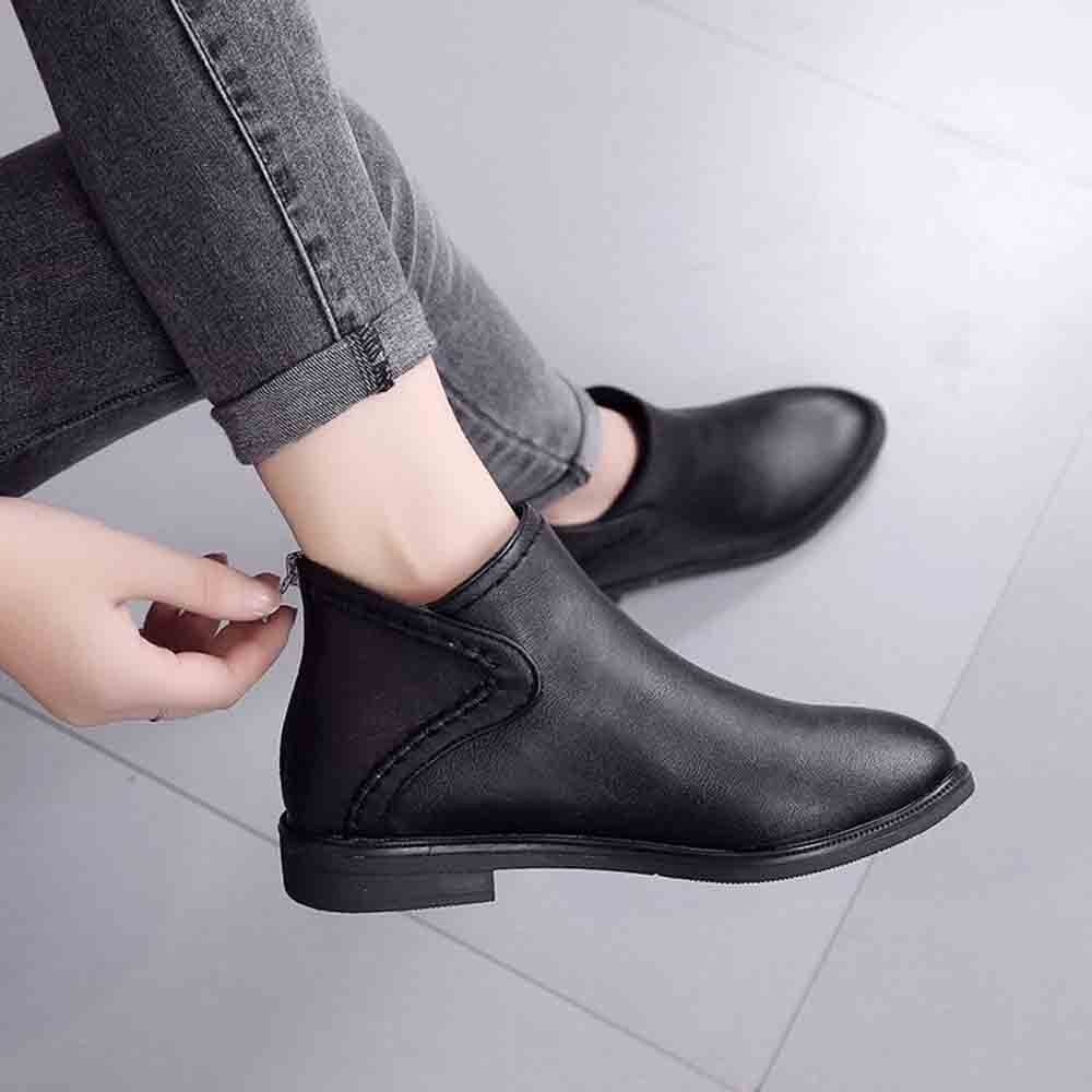 PU Leather Boots Women Daily Square Heel Zip Shoes Breathable Female Comfortable Square Head Pointed Toe Shoes Retro Autumn